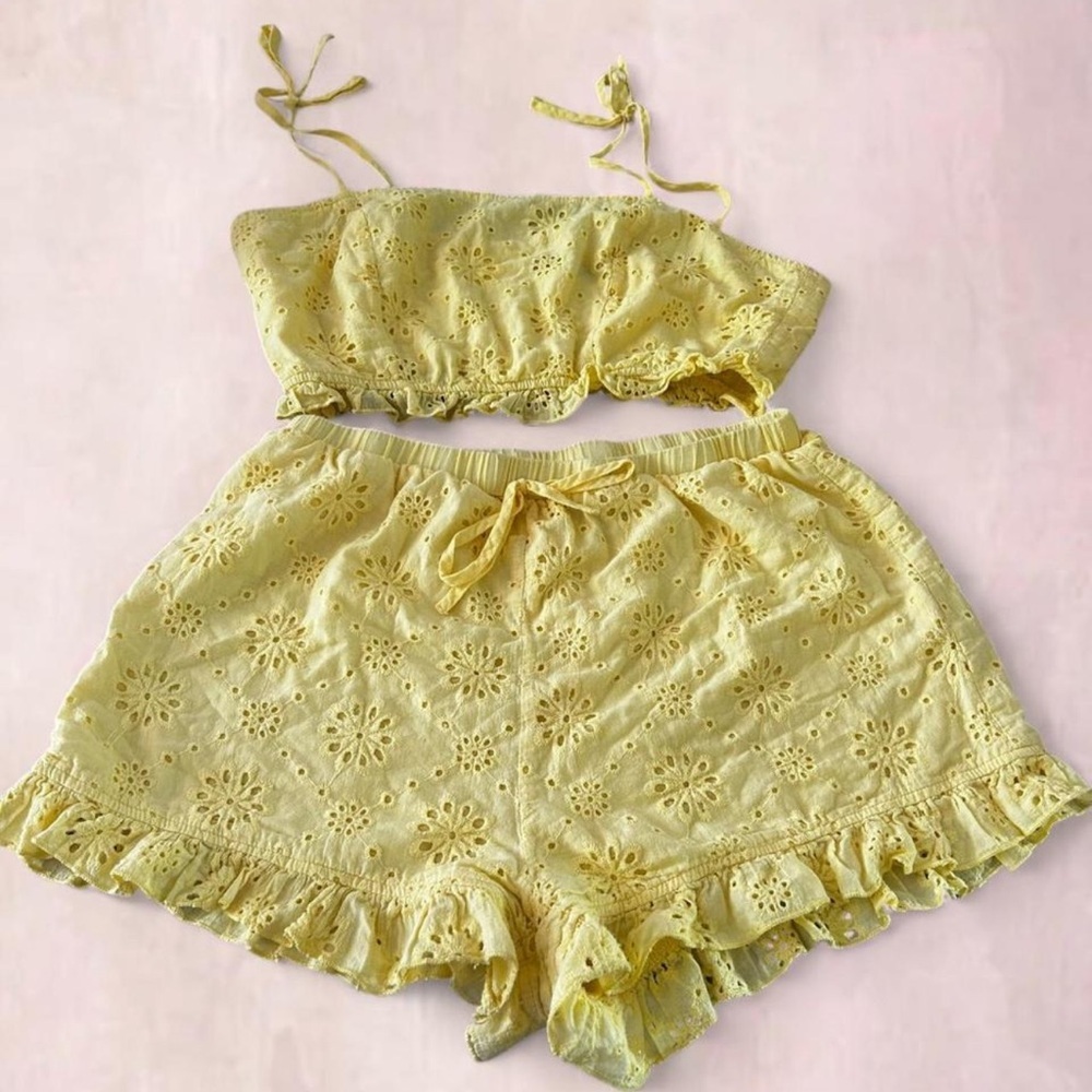 SHEIN 100%Cotton Light Yellow Eyelet Two-Piece Set